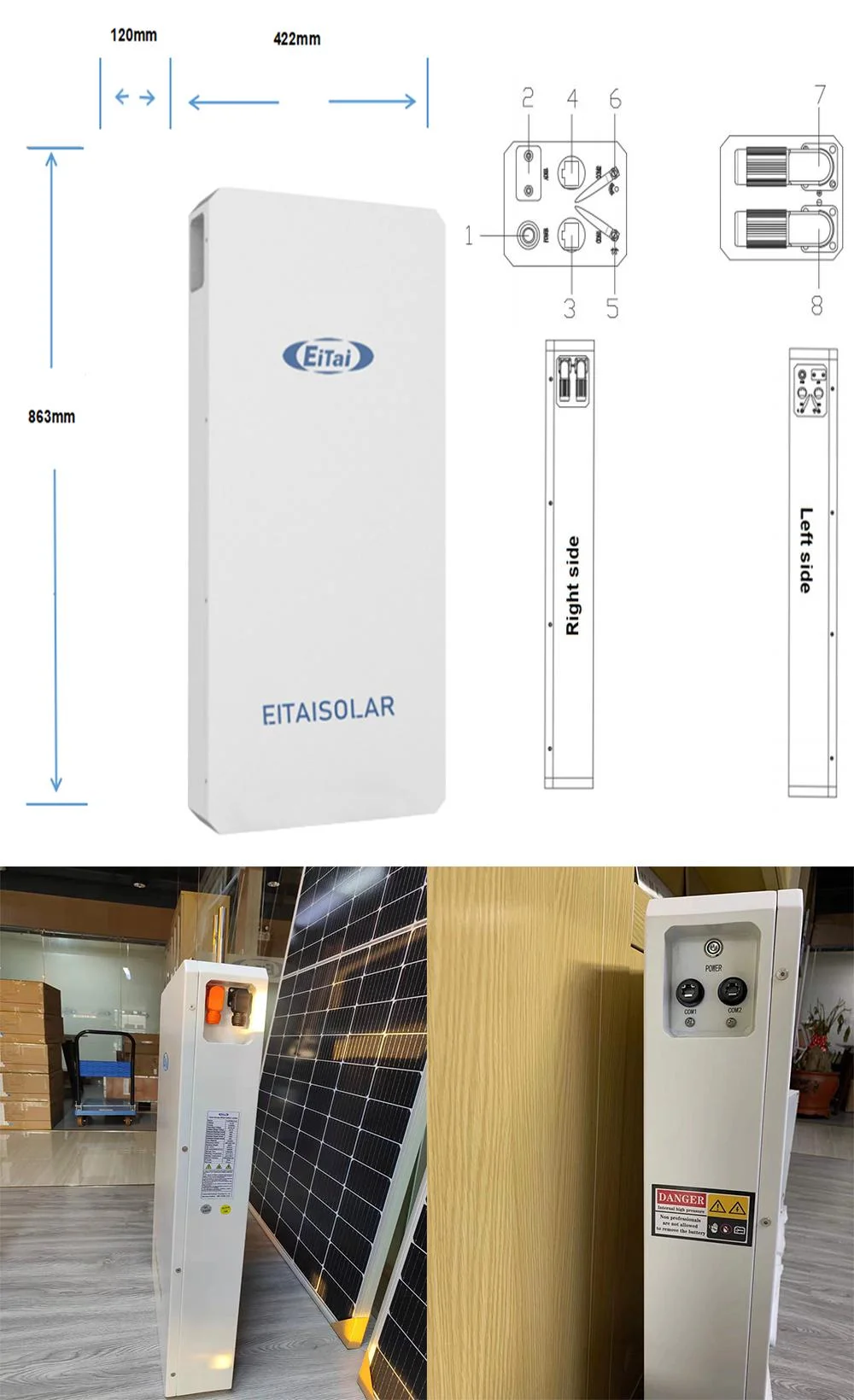 Eitai 10kwh Lithium Powerwall Solar Energy Storage for off Grid System IP65 Water Prof Solar Panel Battery
